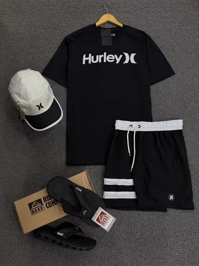 Kit Hurley Camiseta Bermuda Boné e Chinelo Reef